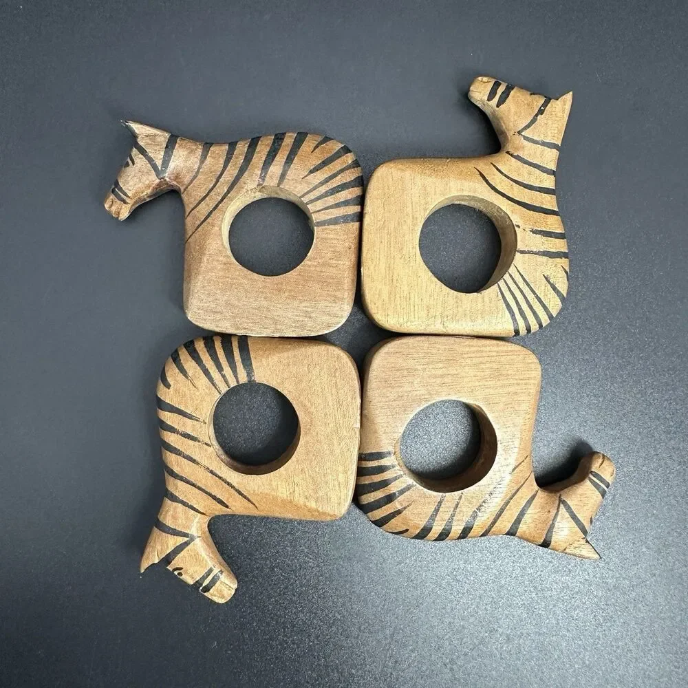 Vintage Wood Zebra Napkin Rings Set 4 Hand Carved Philippine Safari Table Decor